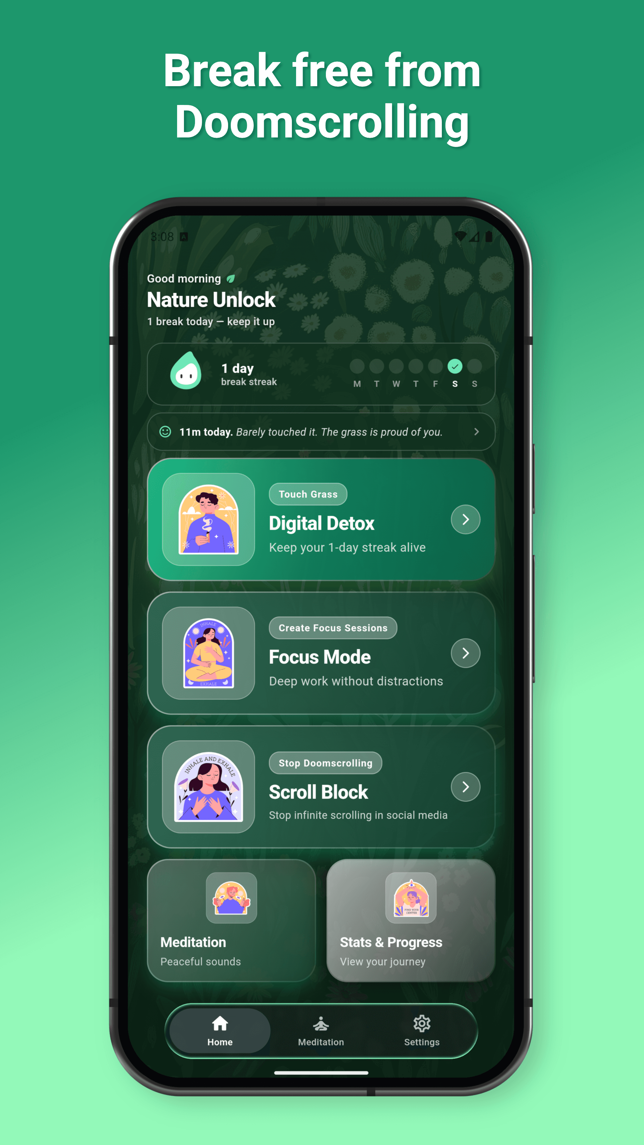 Nature Unlock home screen with Digital Detox, Focus Mode and Scroll Block